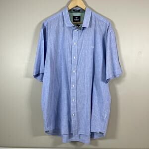 MORLEY Mens 3XL Blue Linen Blend Short Sleeve‎ Button Down Oxford Shirt Preppy